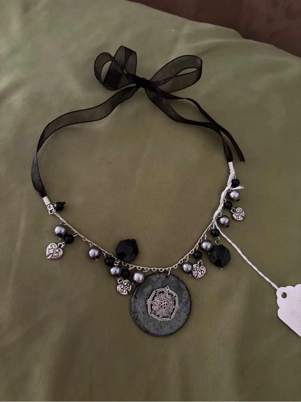 Black Beaded Pendant Necklace with Ribbon Tie